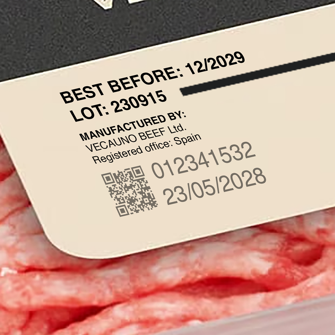 Best-before date and batch code on meat packaging