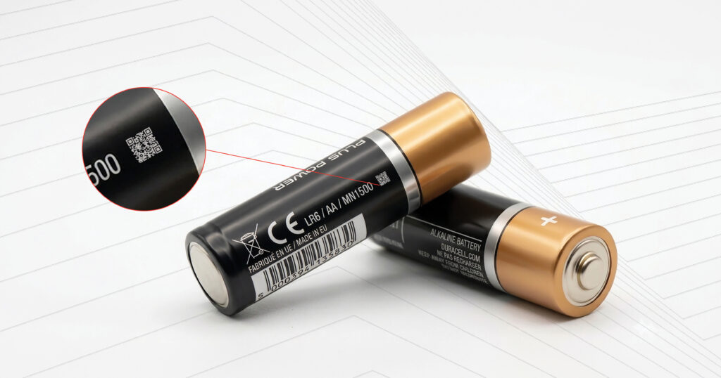 QR code and permanent laser marking on an EV battery component for Battery Passport 2027 traceability